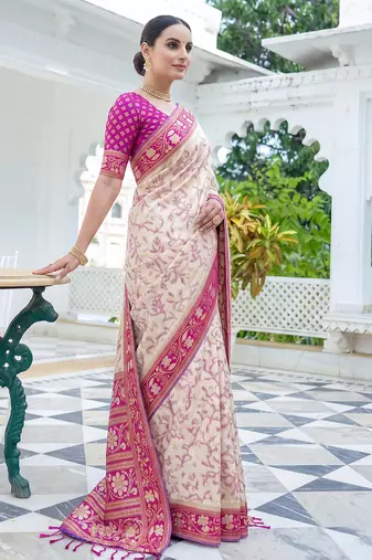 off white & rani pink pochampally soft saree for women | festive traditional party wear