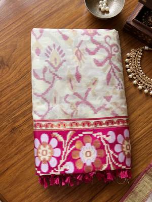 off white & rani pink pochampally soft saree for women | festive traditional party wear 4