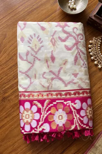 off white & rani pink pochampally soft saree for women | festive traditional party wear