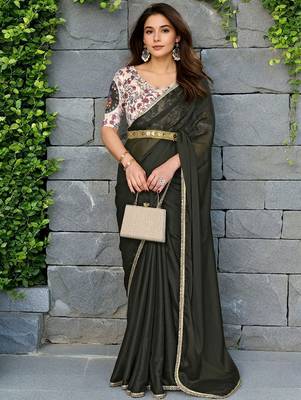 Black mirror work border saree with unstitched blouse piece 1