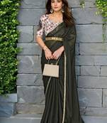 Black mirror work border saree with unstitched blouse piece