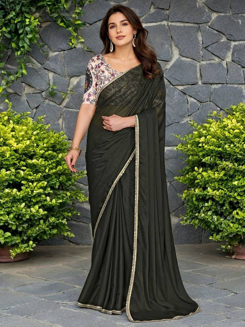 Black mirror work border saree with unstitched blouse piece