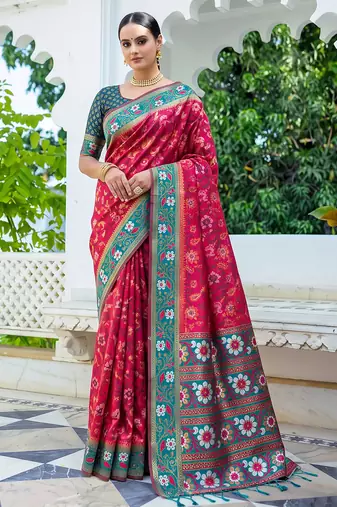rani pink & teal blue pochampally soft saree for women | festive wedding party wear
