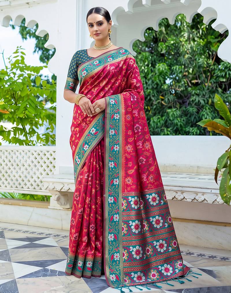 rani pink & teal blue pochampally soft saree for women | festive wedding party wear