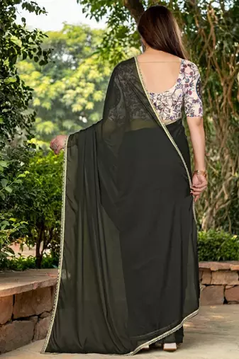 Black mirror work border saree with unstitched blouse piece