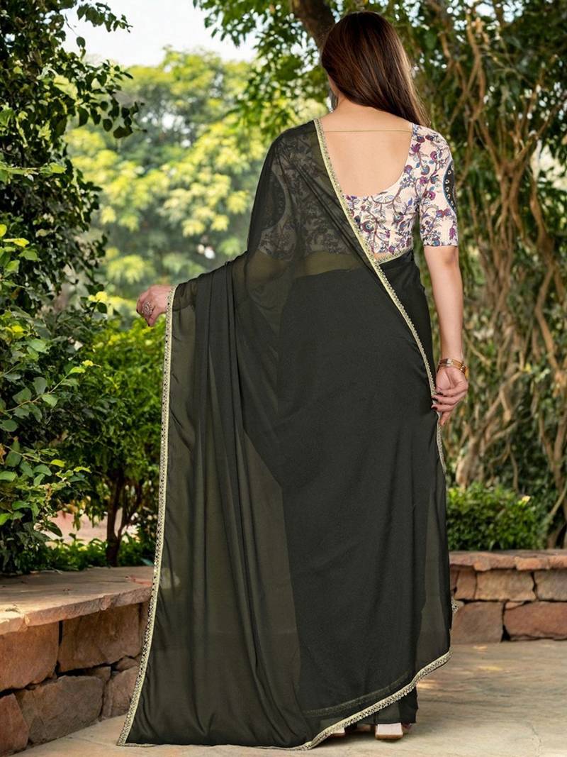 Black mirror work border saree with unstitched blouse piece