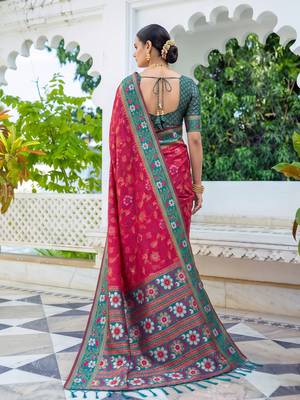 rani pink & teal blue pochampally soft saree for women | festive wedding party wear 2