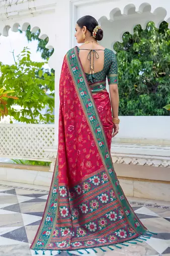 rani pink & teal blue pochampally soft saree for women | festive wedding party wear