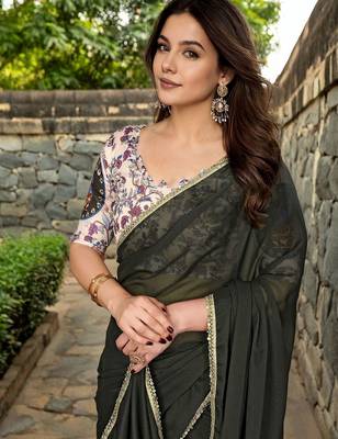 Black mirror work border saree with unstitched blouse piece 4