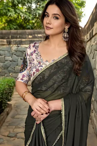 Black mirror work border saree with unstitched blouse piece