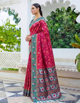 rani pink & teal blue pochampally soft saree for women | festive wedding party wear 3