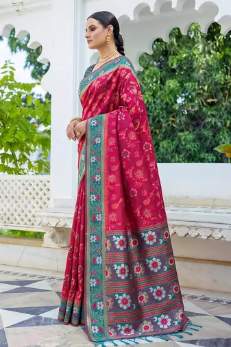 rani pink & teal blue pochampally soft saree for women | festive wedding party wear
