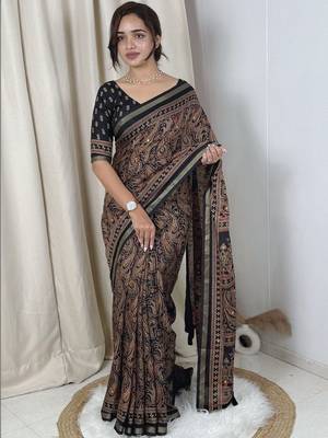 Black black mul cotton ajrakh print mirror work matching blouse piece & saree 1
