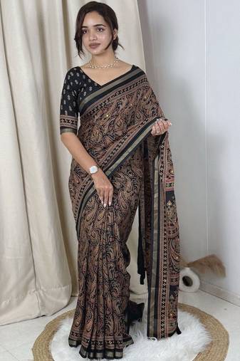 Black black mul cotton ajrakh print mirror work matching blouse piece & saree