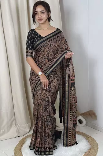 Black black mul cotton ajrakh print mirror work matching blouse piece & saree