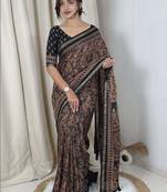 Black black mul cotton ajrakh print mirror work matching blouse piece & saree