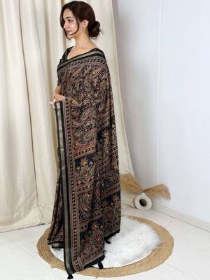 Black black mul cotton ajrakh print mirror work matching blouse piece & saree 2