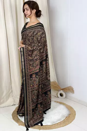 Black black mul cotton ajrakh print mirror work matching blouse piece & saree