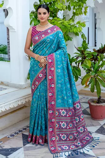 teal blue & rani pink pochampally soft saree for women | festive traditional party wear