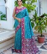 teal blue & rani pink pochampally soft saree for women | festive traditional party wear