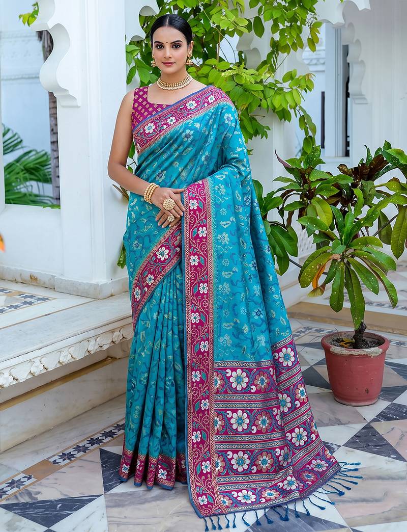 teal blue & rani pink pochampally soft saree for women | festive traditional party wear