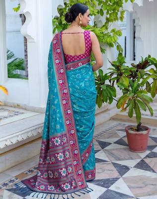 teal blue & rani pink pochampally soft saree for women | festive traditional party wear 2