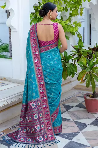 teal blue & rani pink pochampally soft saree for women | festive traditional party wear