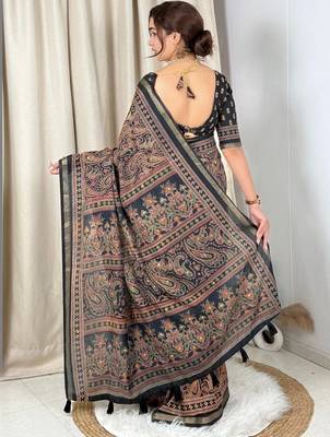 Black black mul cotton ajrakh print mirror work matching blouse piece & saree 3