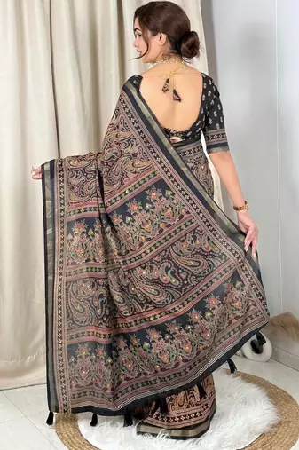 Black black mul cotton ajrakh print mirror work matching blouse piece & saree