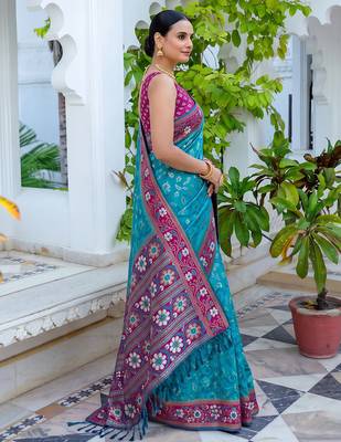 teal blue & rani pink pochampally soft saree for women | festive traditional party wear 3
