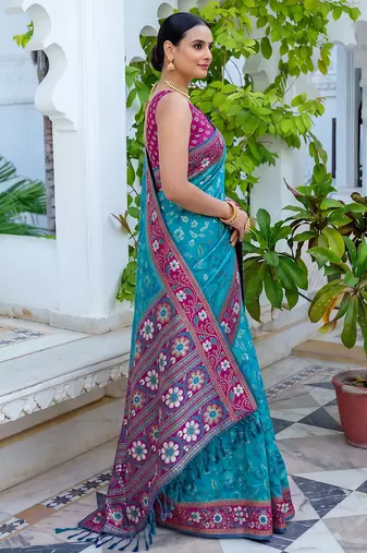 teal blue & rani pink pochampally soft saree for women | festive traditional party wear