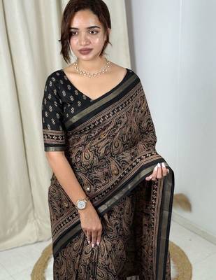 Black black mul cotton ajrakh print mirror work matching blouse piece & saree 4