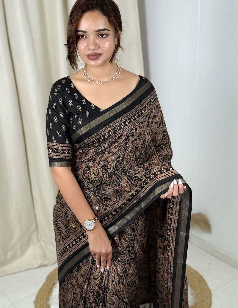 Black black mul cotton ajrakh print mirror work matching blouse piece & saree