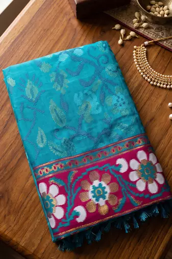 teal blue & rani pink pochampally soft saree for women | festive traditional party wear