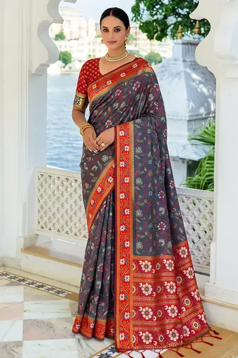 grey & maroon pochampally soft saree for women | festive wedding traditional party wear