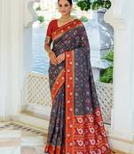 grey & maroon pochampally soft saree for women | festive wedding traditional party wear