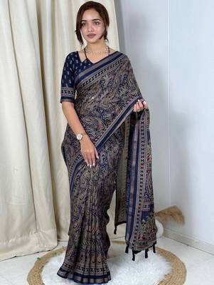 Navy blue navy blue mul cotton ajrakh print mirror work matching blouse piece & sarees 1