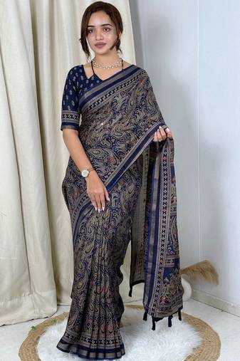 Navy blue navy blue mul cotton ajrakh print mirror work matching blouse piece & sarees
