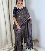Navy blue navy blue mul cotton ajrakh print mirror work matching blouse piece & sarees