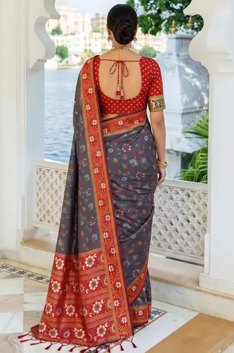 grey & maroon pochampally soft saree for women | festive wedding traditional party wear