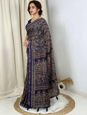 Navy blue navy blue mul cotton ajrakh print mirror work matching blouse piece & sarees 2