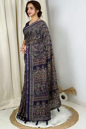 Navy blue navy blue mul cotton ajrakh print mirror work matching blouse piece & sarees
