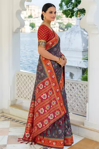 grey & maroon pochampally soft saree for women | festive wedding traditional party wear