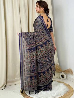 Navy blue navy blue mul cotton ajrakh print mirror work matching blouse piece & sarees 3