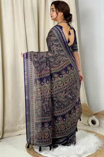 Navy blue navy blue mul cotton ajrakh print mirror work matching blouse piece & sarees