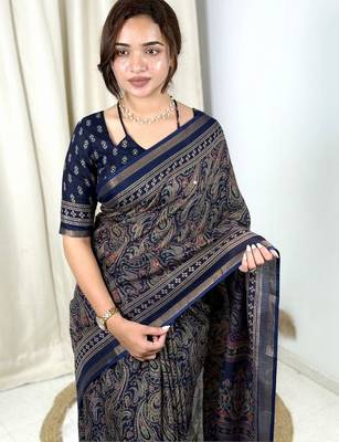 Navy blue navy blue mul cotton ajrakh print mirror work matching blouse piece & sarees 4