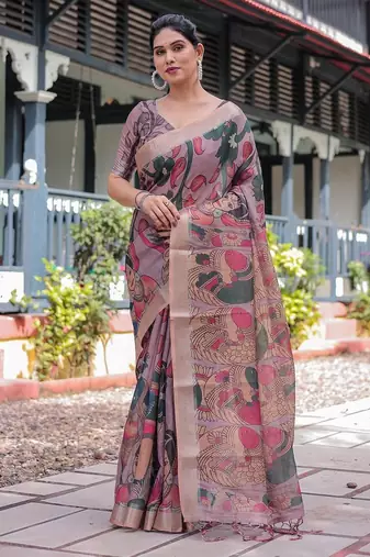 Purple ethnic motifs printed zari  linen saree