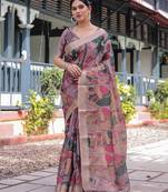Purple ethnic motifs printed zari  linen saree