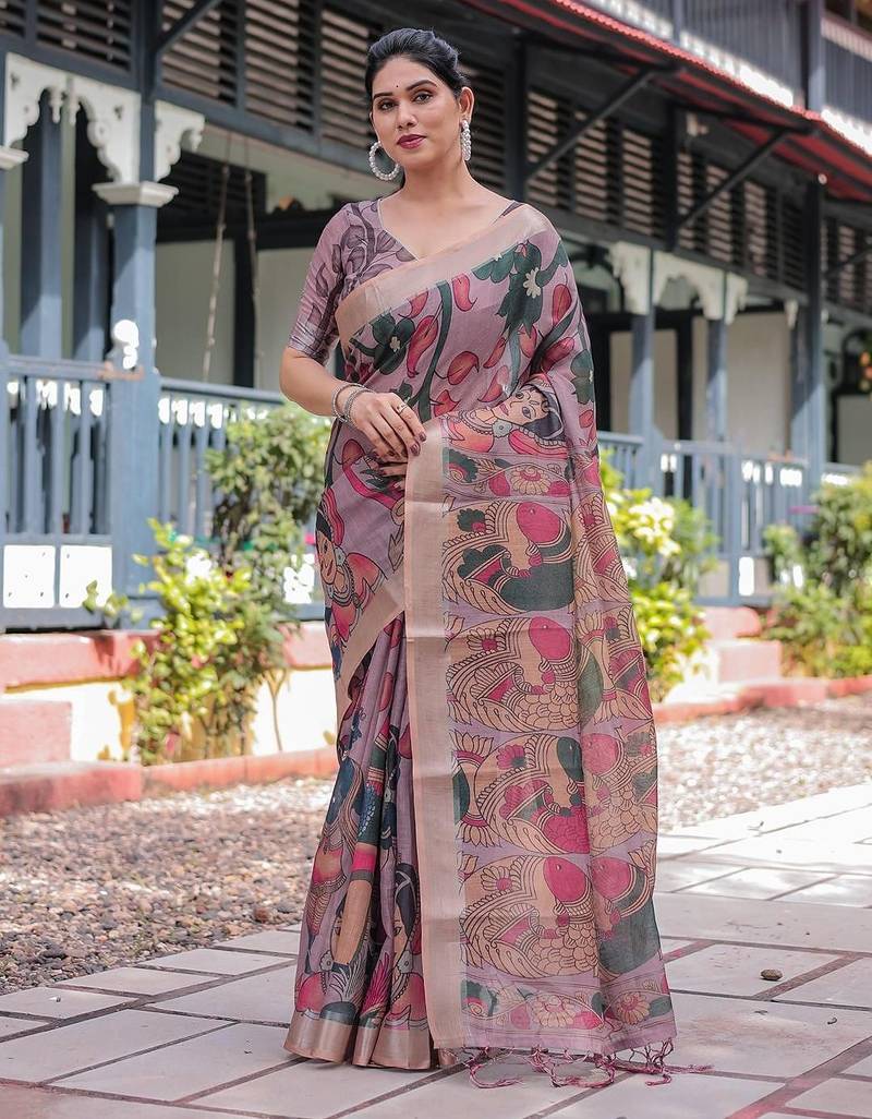 Purple ethnic motifs printed zari  linen saree