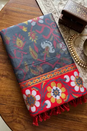 grey & maroon pochampally soft saree for women | festive wedding traditional party wear